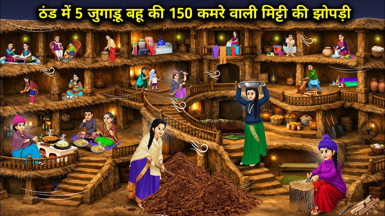 ठंड में 5 जुगाड़ू बहू की 150 कमरे वाली मिट्टी की झोपड़ी | In the cold weather, five | Cartoon Video