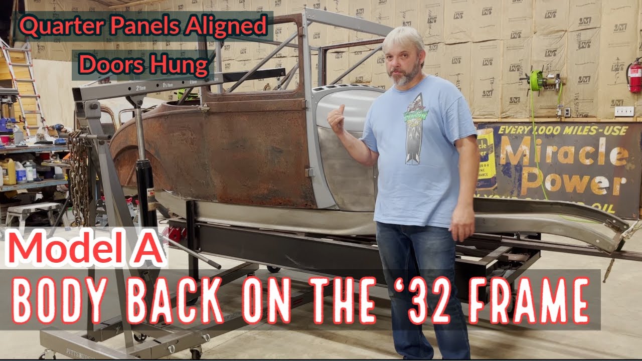 The '28 Model A body is finally back on the '32 frame rails. HEMI powered coupe hot rod build!