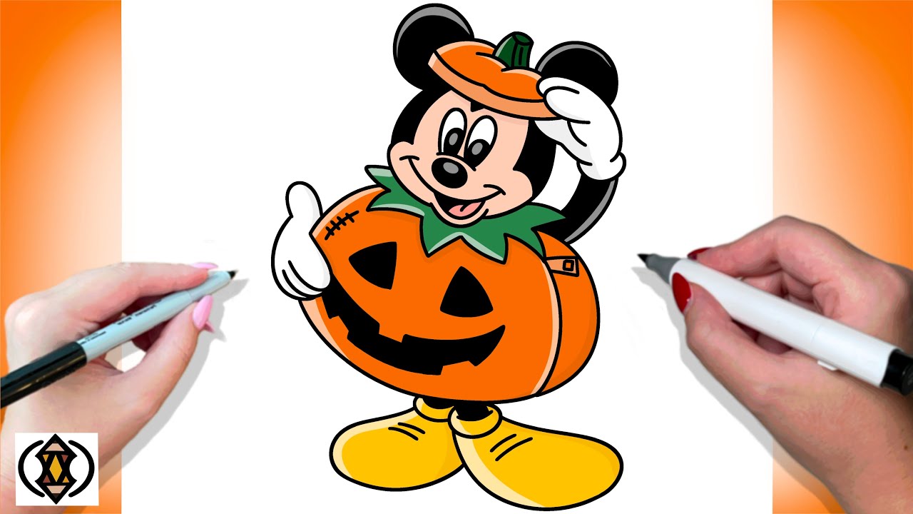 Как нарисовать Микки Мауса в костюме тыквы | Урок рисования на Хэллоуин