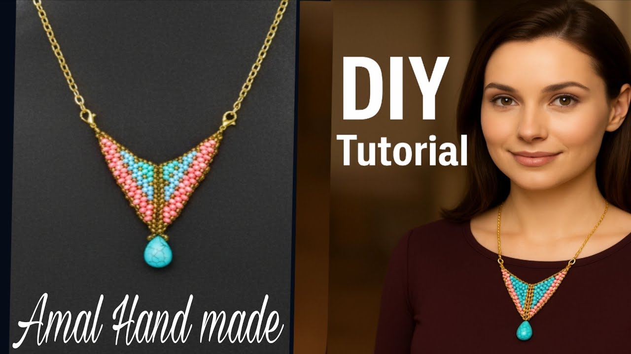 طريقة عمل عقد/ كوليه حرف V خرز فاخرة بغرزة البيوت(Peyote Stitch )  #diy