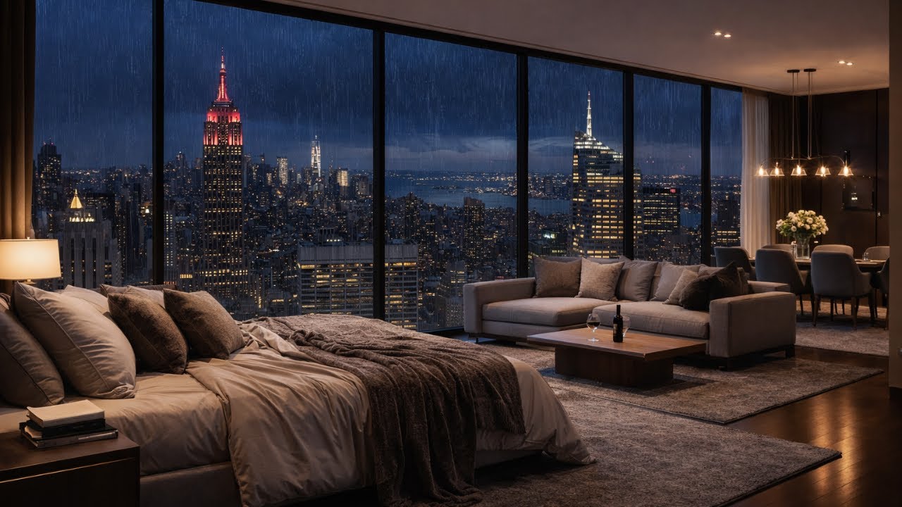 Luxury New York Apartment at Night 🌧️ Rainy City Ambience | For Sleep, Study & Relaxation