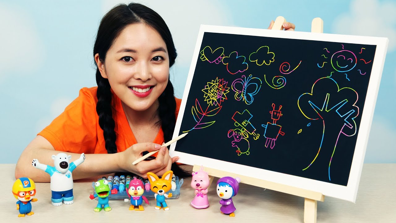 [유라] 장난감(toy)_까만 크레파스 그림 그리기 색칠 공부 미술 스크래치 놀이 뽀로로 black color crayon art scratch クレパス