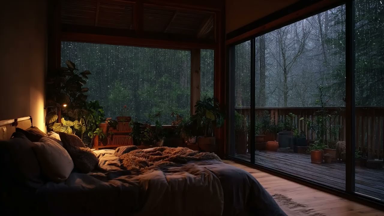 Soft Rain Sounds in Pine Forest Cabin 🌧️ Warm Lamp Glow & Books for Deep Sleep and Relaxation