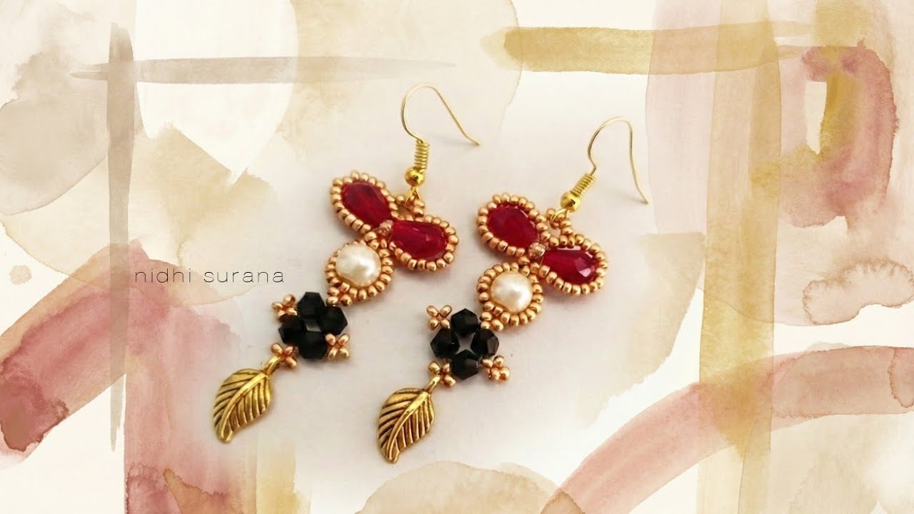 💖 Ruby red sparkle ✨ meeting golden leaf details, Beaded Earrings step by step Tutorial Diy.