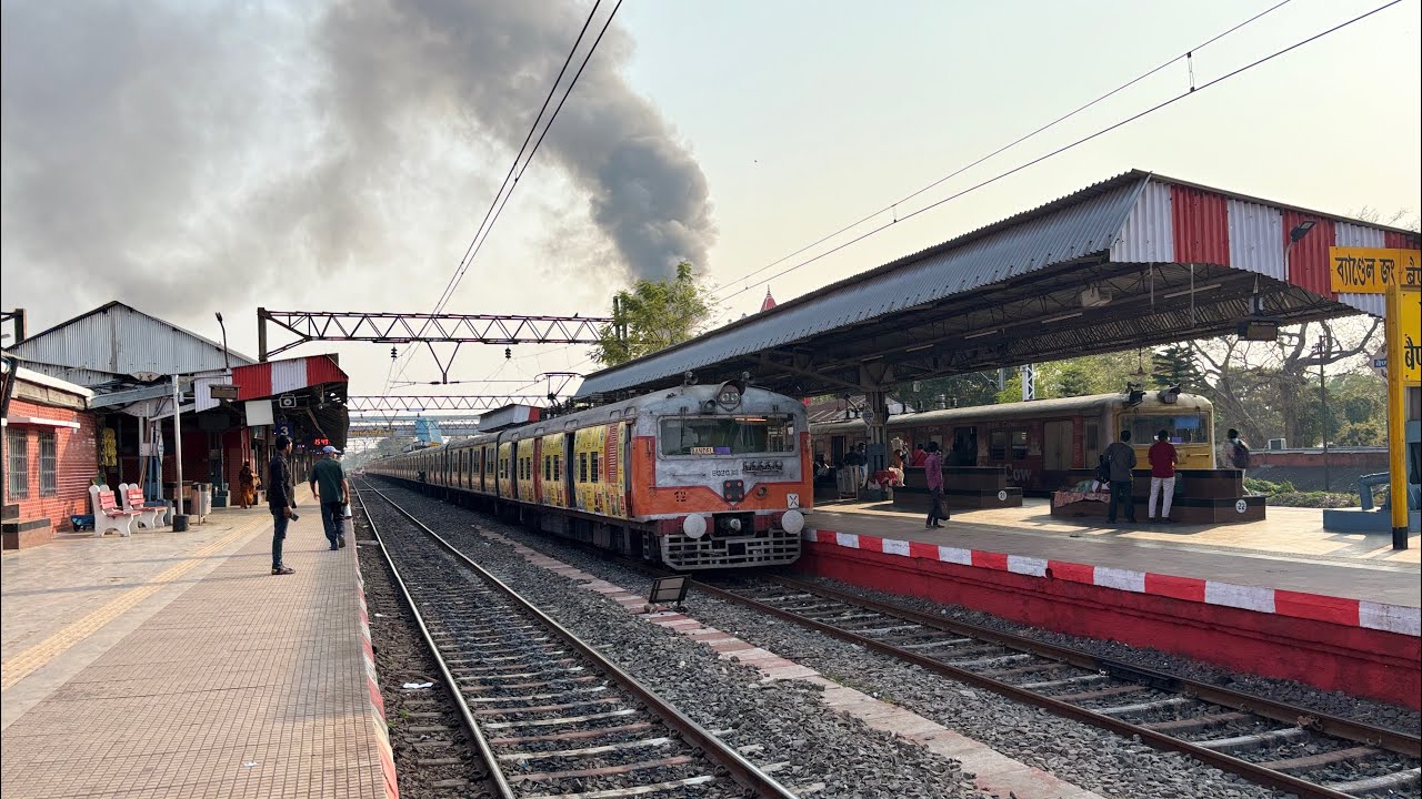 Different types local train crossing at Indian Railway curve Action 