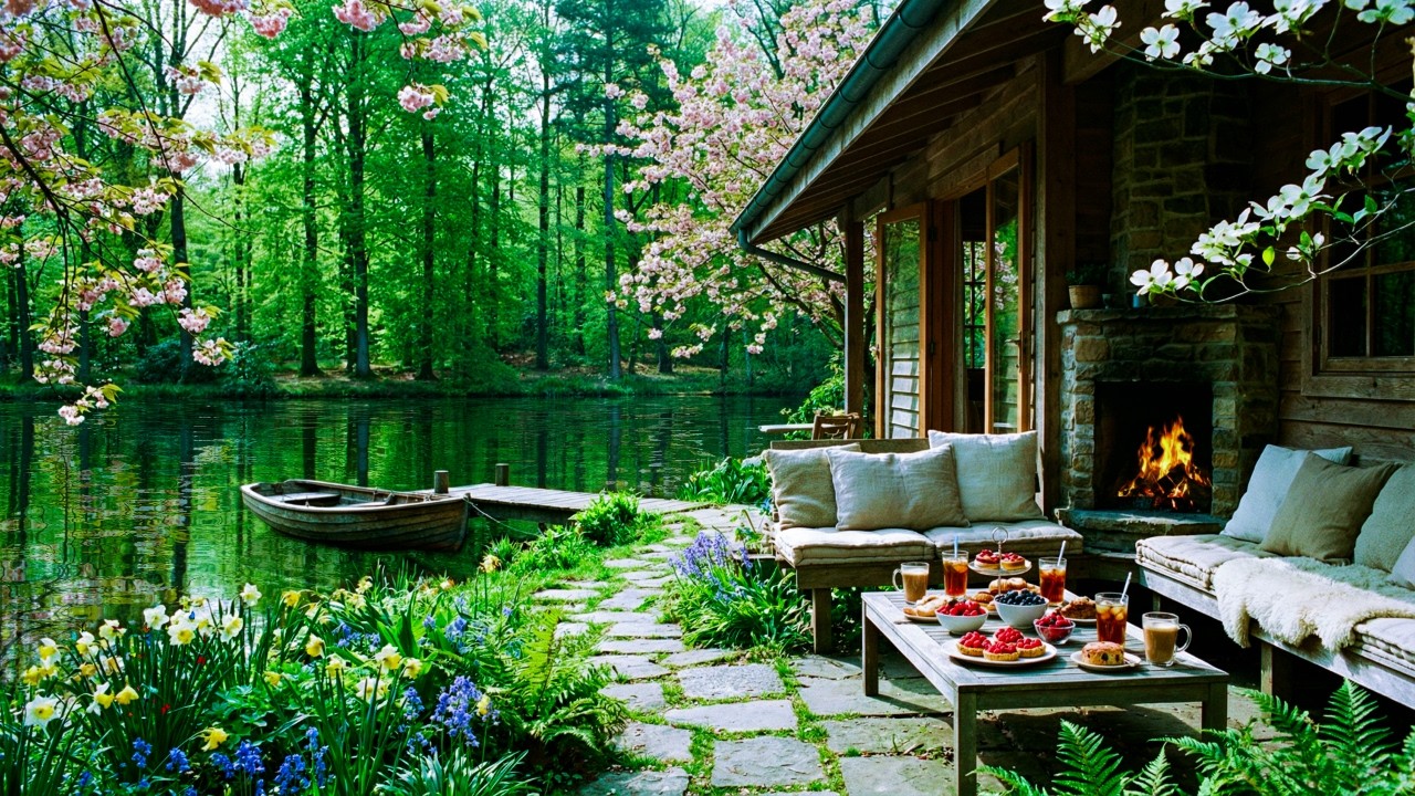 Outdoor Coffee Shop Spring Serenity with Smooth Jazz Piano for Focus and Creativity