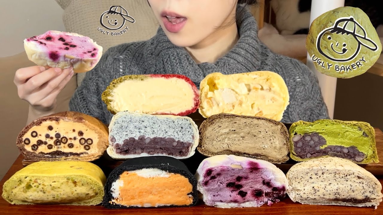 SUB) 어글리베이커리 크림빵 먹방.🧁 (어글리크림빵/옥수수좋아해/블루베리덕후/흑임자좋아해/피스타치오좋아해) Ugly Bakery Dessert Mukbang ASMR