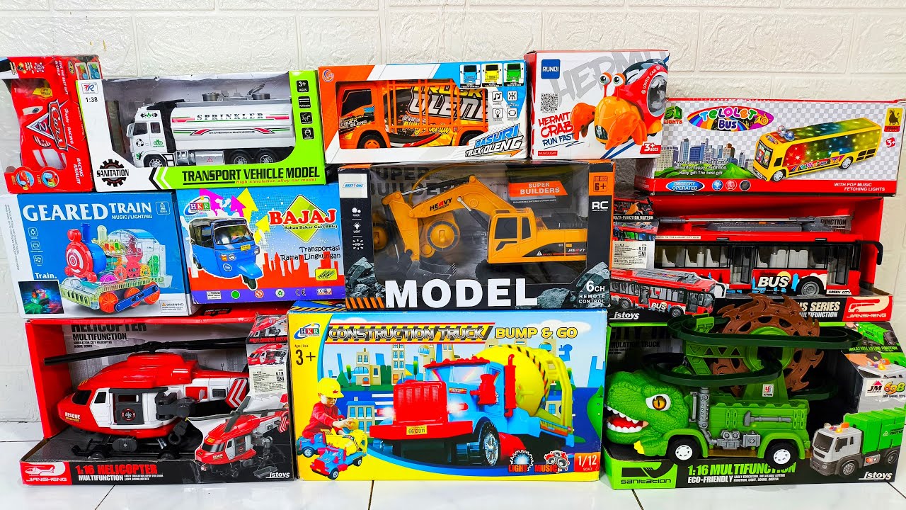 Unboxing Excavator, Kereta Api, Truck, Bus, Helikopter, Truk derek, Mobil Balap