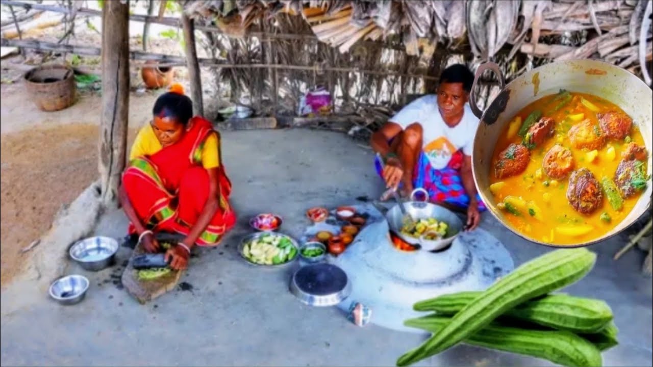 FISH EGG CURRY and RIDGE GOURD || cooking and eating by santali tribe old couple #fisheggrecipe