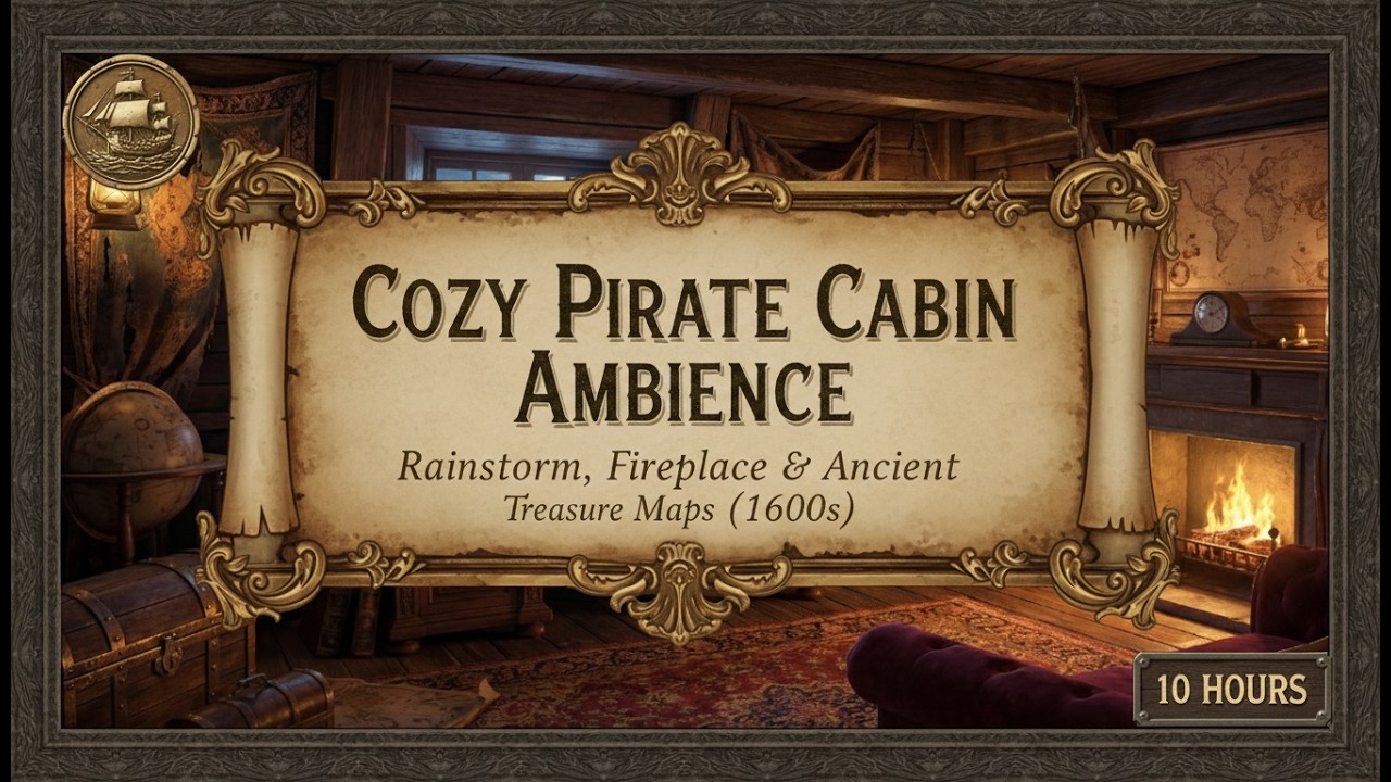 Cozy Pirate Cabin Ambience | Rainstorm, Fireplace & Ancient Treasure Maps (1600s)