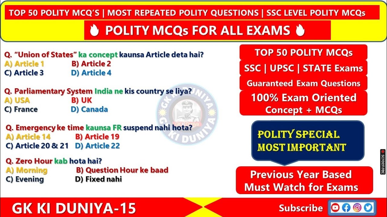 Top 50 Most Important Polity MCQs | 100% Exam Oriented | Full Revision 🚀 | Must Watch 🔥