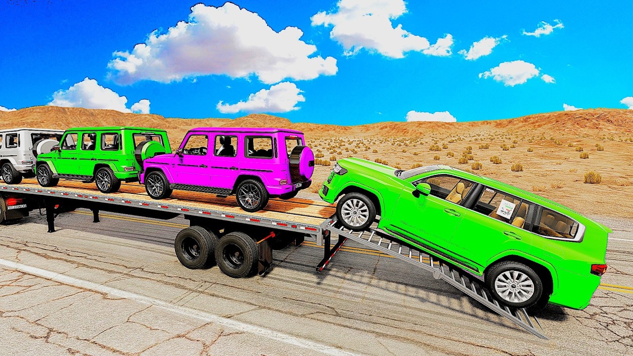Five Flatbed Trailer McQueen Transportation with Truck - Speedbumps vs Cars vs Train - BeamNG #0