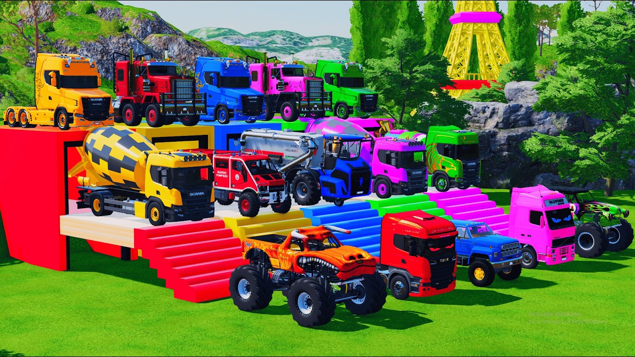 Garage with Colors - ALL MIXER TRUCK WITH DOUBLE FLATBED TRAILER TRUCK, KENWORTH, VOLVO, SCANIA FS22