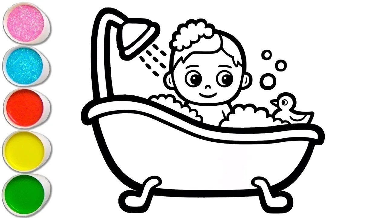 Baby in a Bathtub Picture Drawing, Painting, Coloring for Kids and Toddlers | Step By step Drawing 
