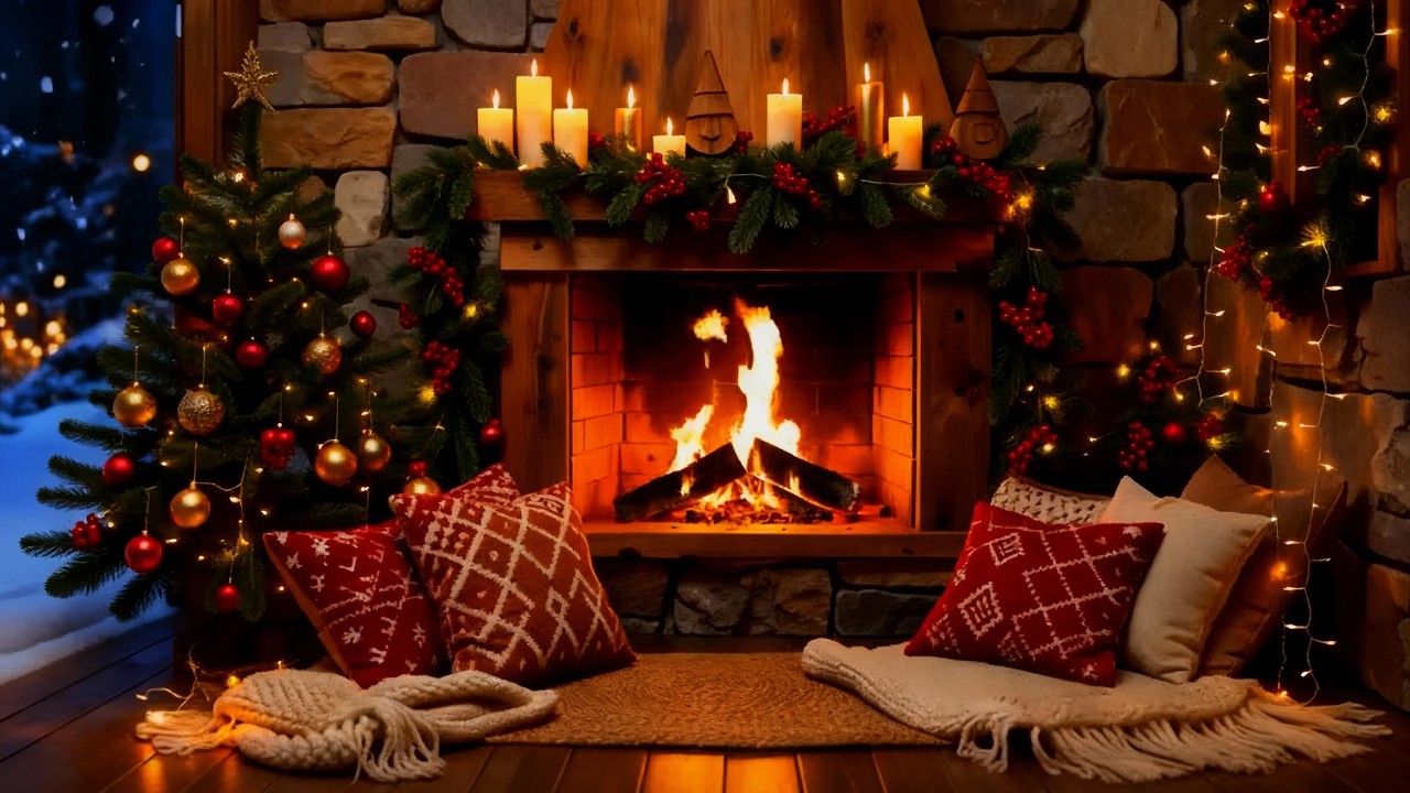 Warm Christmas Decor Ambience 🎄 Fireplace + Snow Outside Window ❄️ Deep Calm