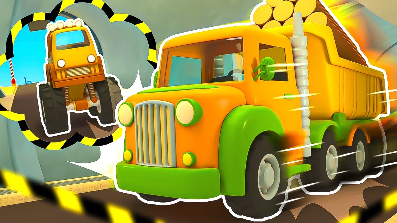 The monster truck is broken! The police car and a tow truck save the dump truck in the tunnel.