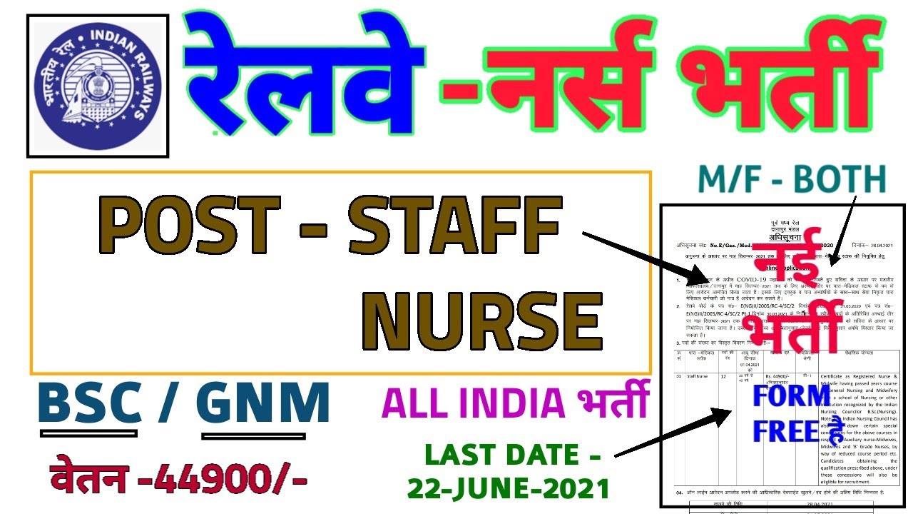 RAILWAY STAFF NURSE VACANCY 2021-RRB STAFF NURSE RECRUITMENT-POST-8 -BSC/GNM - M/F- ALL INDIA भर्ती