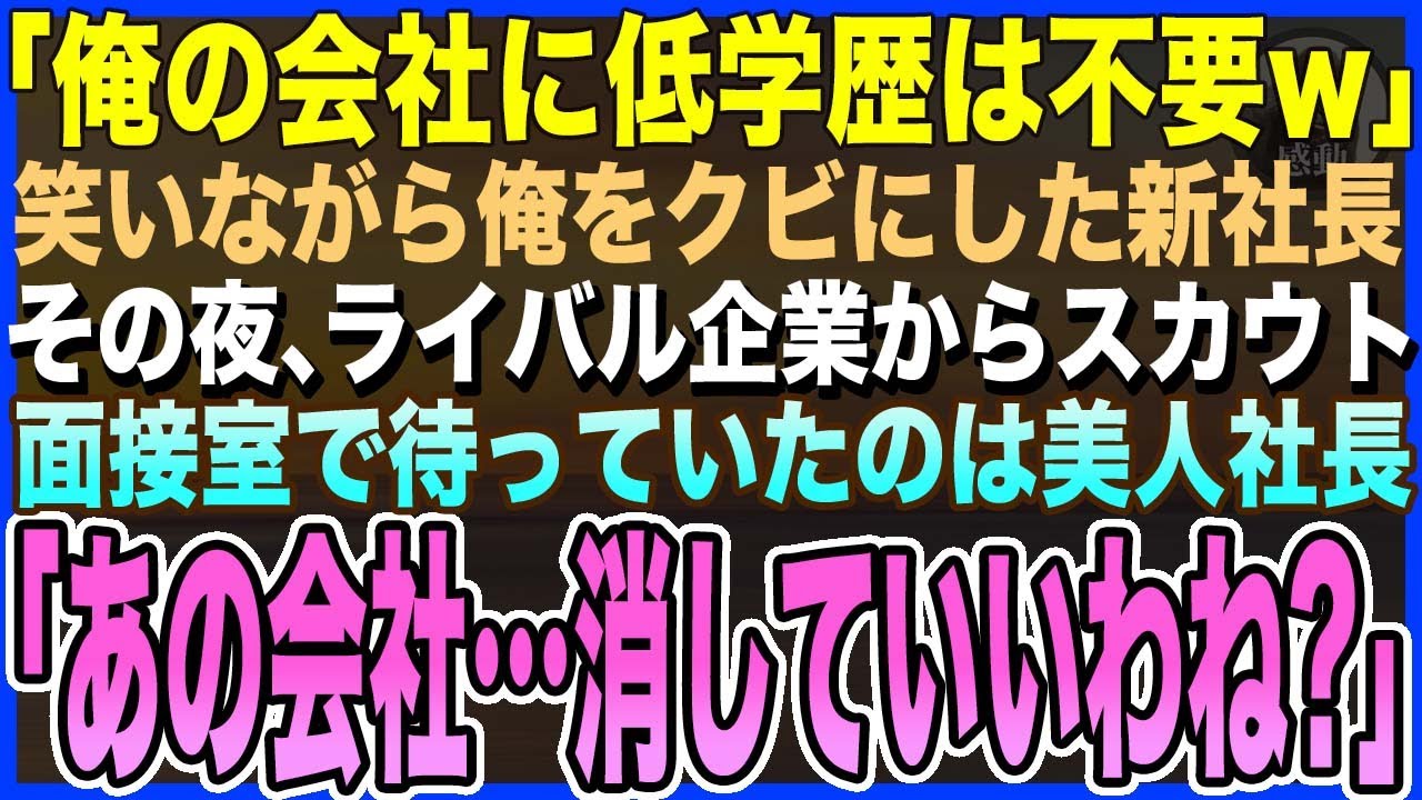 【感動する話】「俺の会社に低学歴は不要w」と俺をクビにした新社長。その夜、ライバル企業からスカウト、面接室で待っていたのは美人社長「あの会社…消していいわね?」まさかの展開に【泣ける話・いい話・朗読】