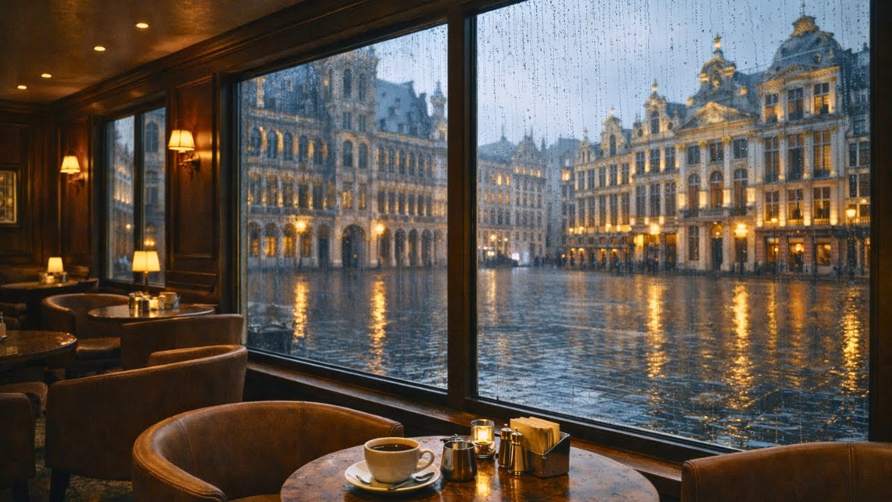 Rainy Brussels Café Ambience | 1 Hour Rain Sounds Overlooking Grand Place (4K)