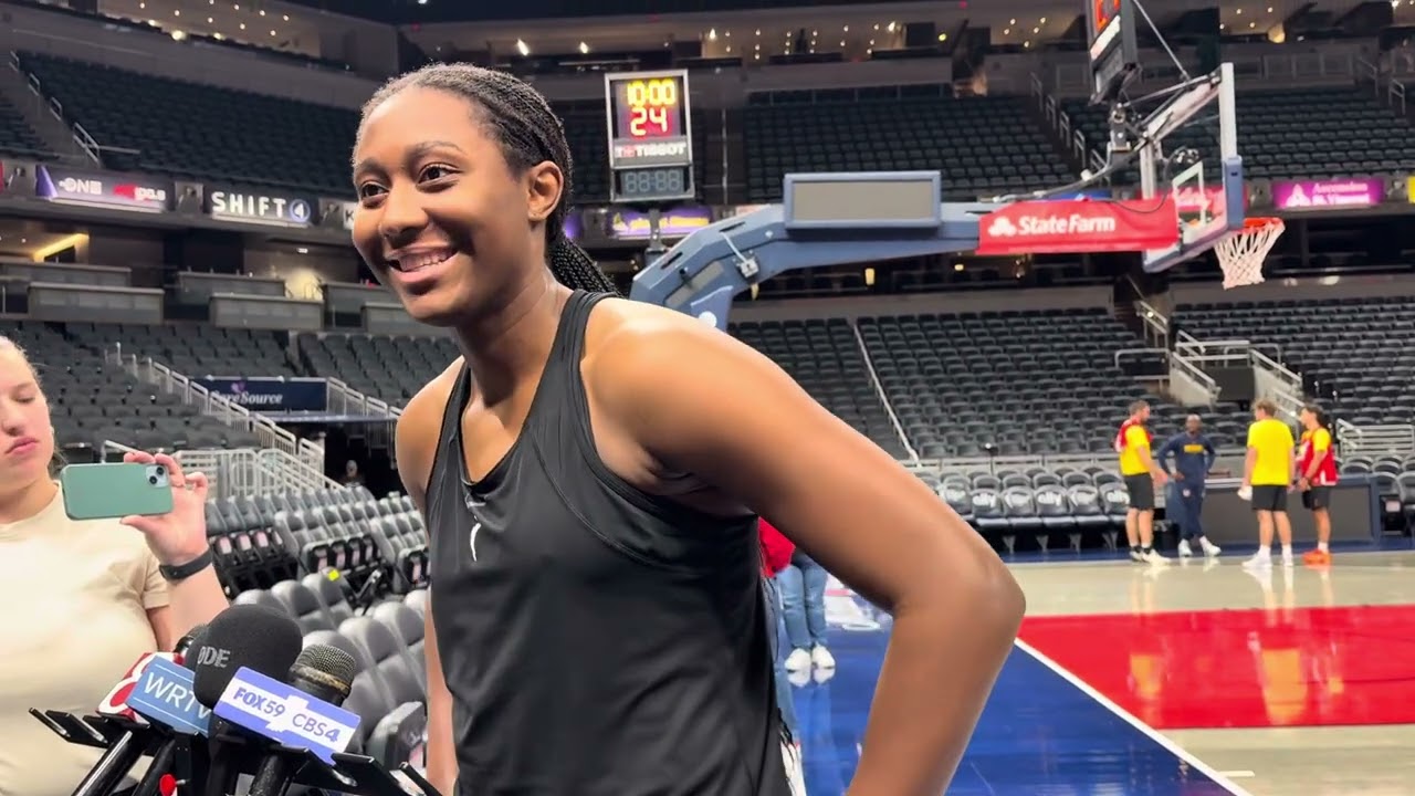 Indiana Fever center Aliyah Boston speaks to reporters after practice, on Odyssey Sims and more