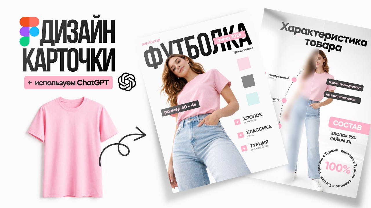 Делаем ДИЗАЙН КАРТОЧКИ ТОВАРА (футболки) в Figma + надеваем футболку на девушку в ChatGPT.