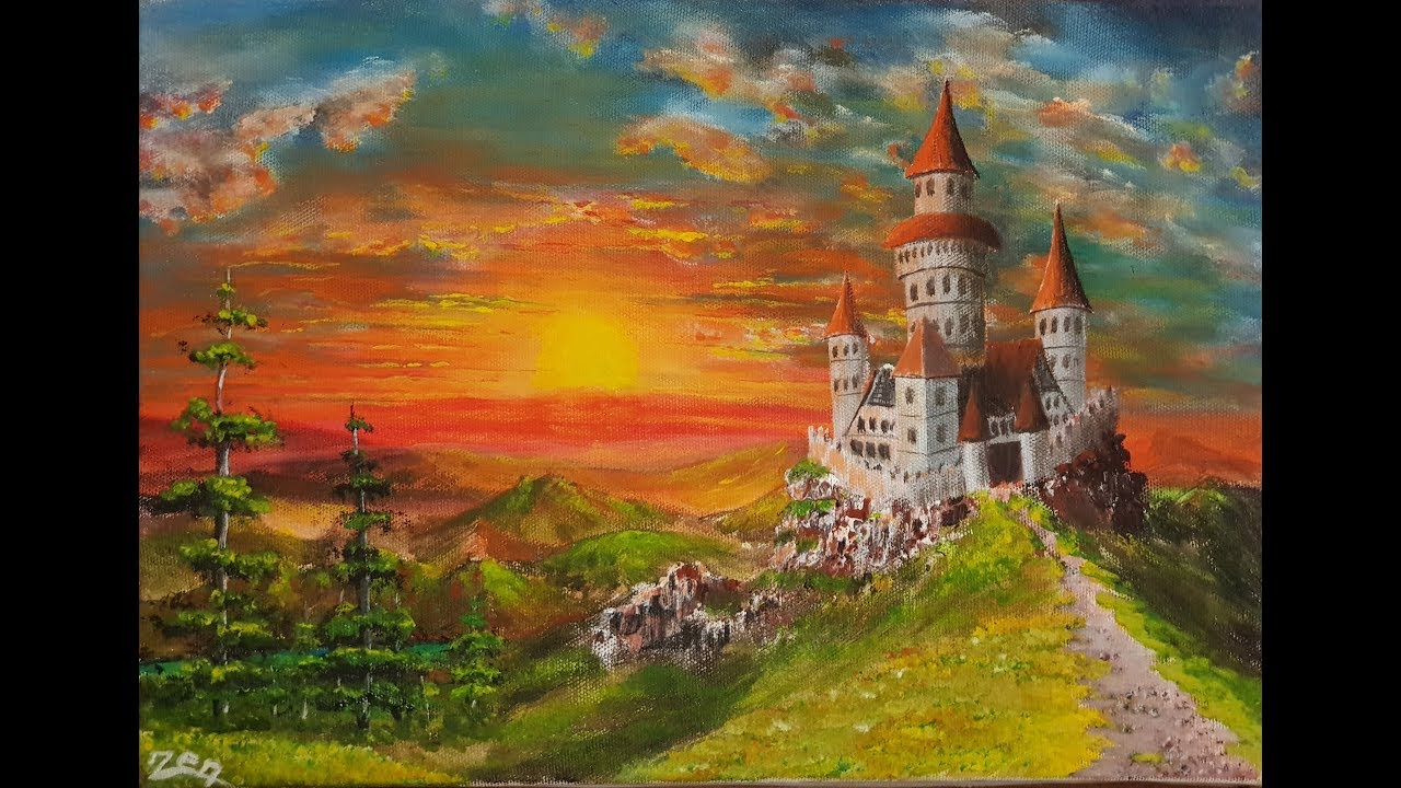 Акриловая живопись Замок Пейзаж на закате Акриловая краска на холсте.