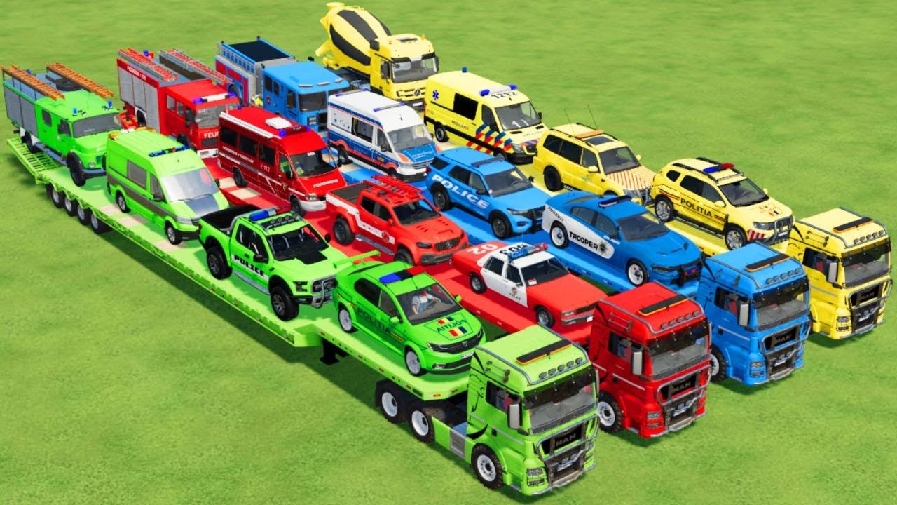 TRANSPORTING POLICE CARS, AMBULANCE, FIRE TRUCK, COLORFUL CARS WITH TRUCK  -FARMING SIMULATOR 22!
