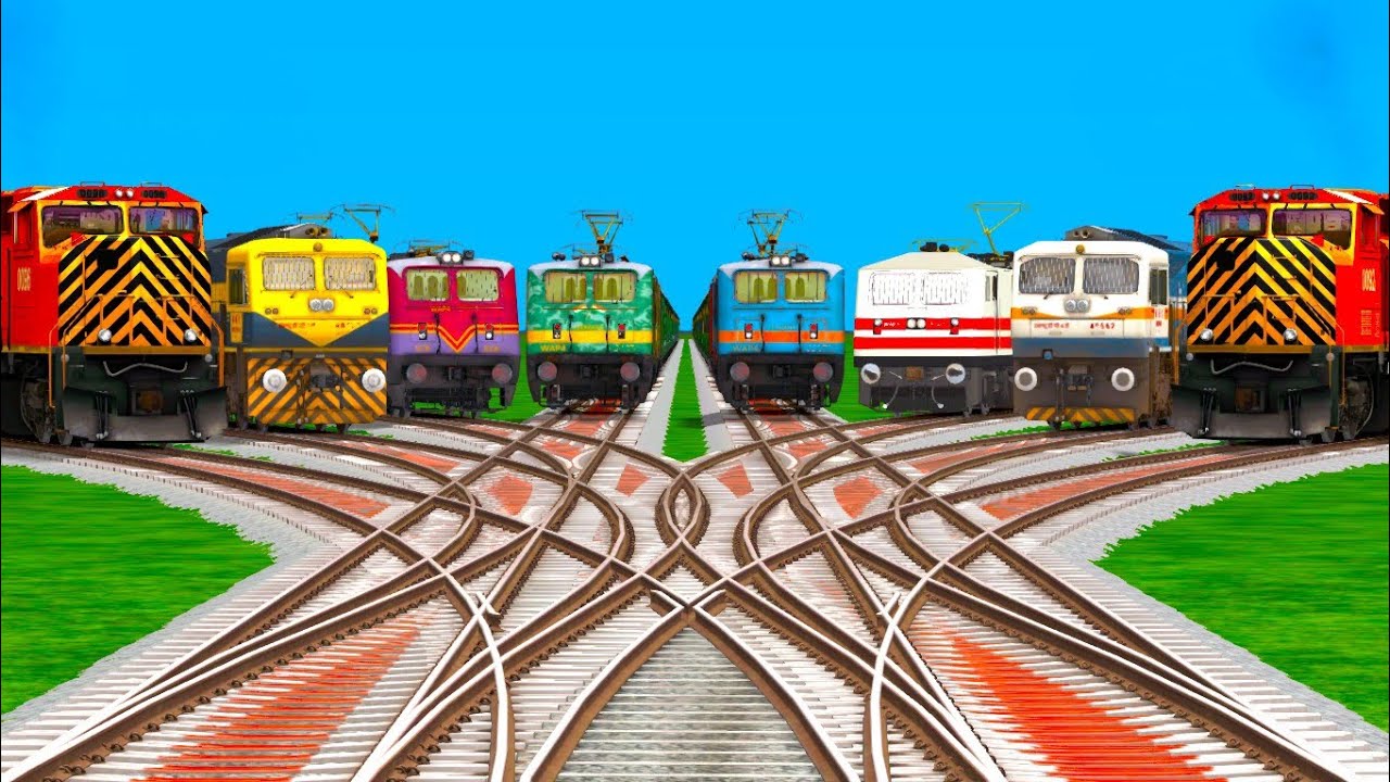 Every Trains Crossing On Bumpy Forked Longest Railroad Crossing Tracks l train Locomotives Gameplay