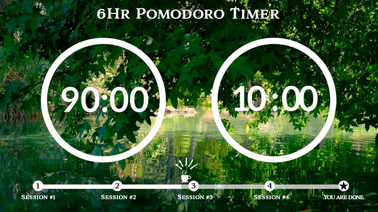 90 Minute Pomodoro Timer💧Green lake sound (호수 ASMR) 📚6-Hour Study ⏱Pomodoro 90/10, 90 min x 4 sets