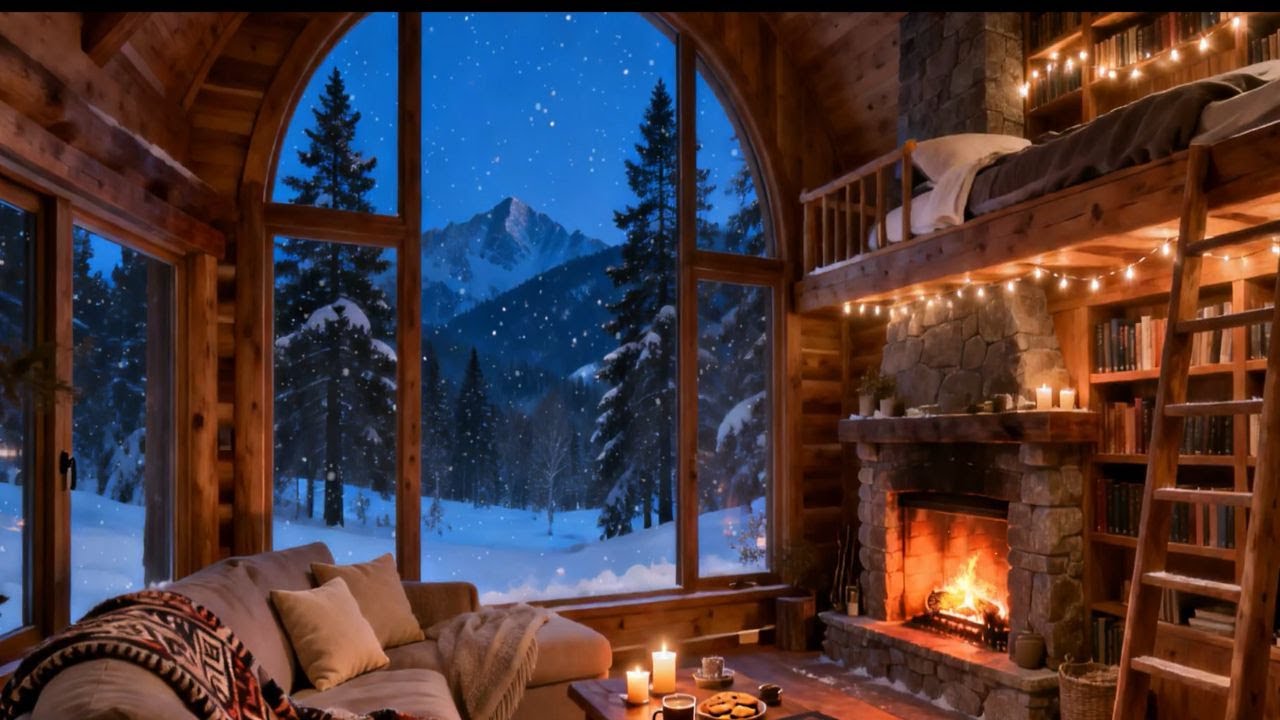 Firelight Jazz in the Alpine Cabin 🎷🔥 Night Snowfall Mood