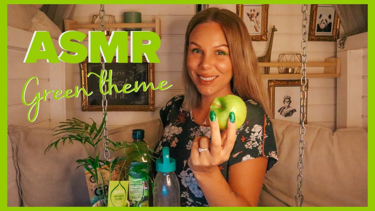 ASMR - GREEN THEME 🍏💚🍵 WHISPERING, TAPPING AND EATING SOUNDS...