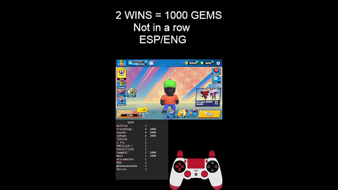 💎2 Wins = 1000 Gems💎 // US/AN // ESP/ENG. #stumbleguys #SGxGiveaway