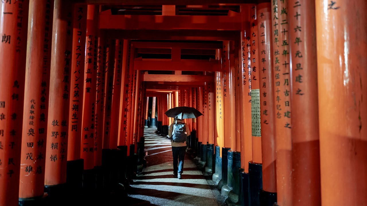Kyoto Shrine Rain Walk at Night 🌧 | Fushimi Inari Torii Gates | 4K HDR Relaxing Japan Ambience