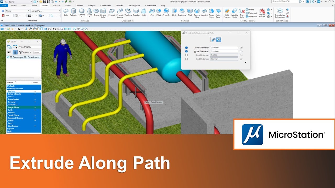 3D Piping using the Solid by Extrusion Along Path Tool