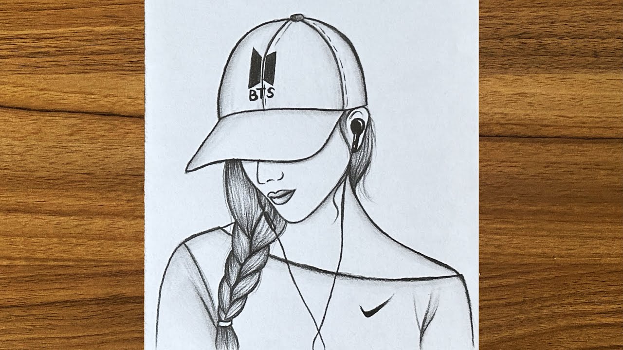 How to draw a girl with BTS cap || Girl drawing easy step by step || Beautiful girl drawing