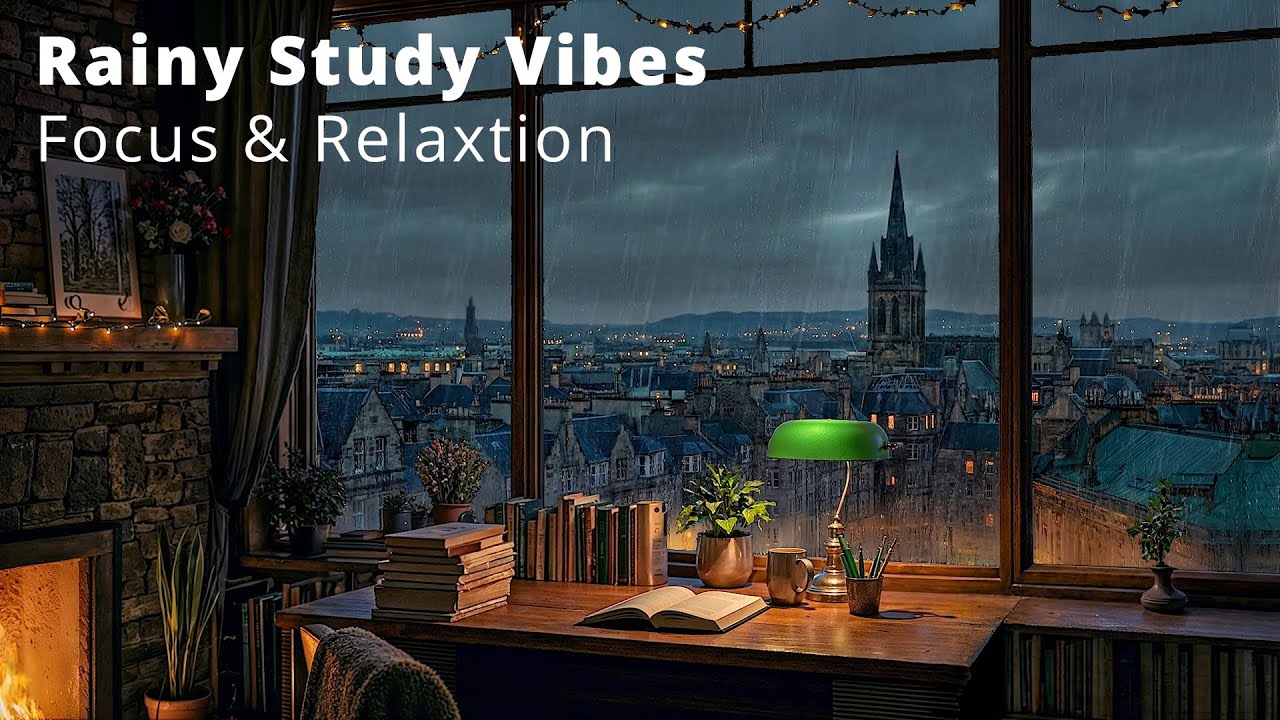 Cozy Edinburgh Rainy Study Room 🌧️ Fireplace, , Old Town Street View & Focus