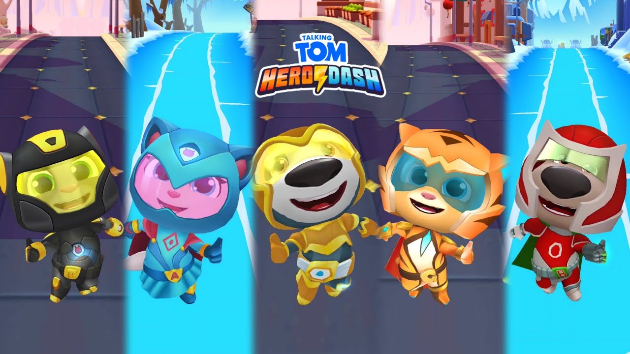 Talking Tom Hero Dash Black Jet Tom, Blue Wave Angela, Sunbeam Hank, Tiger Ginger, Red Blame Ben