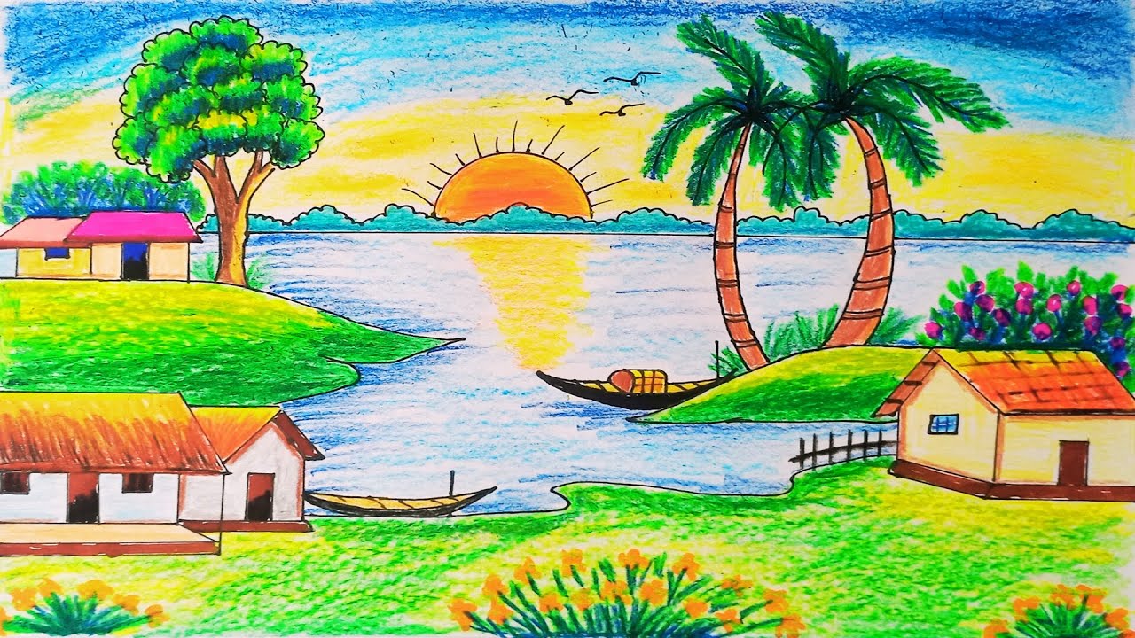 Beautiful Village Scenery Drawing ✍️  সুন্দর গ্রামের দৃশ্য আঁকা সহজে
