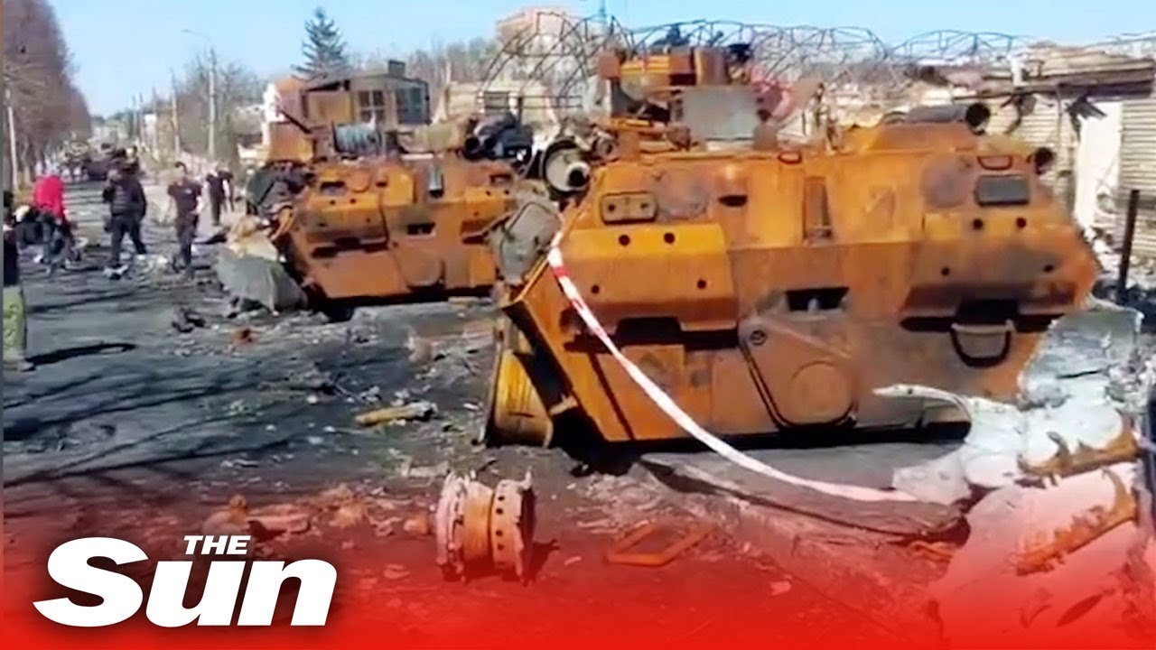 Destroyed Russian column seen on street in Bucha, Ukraine