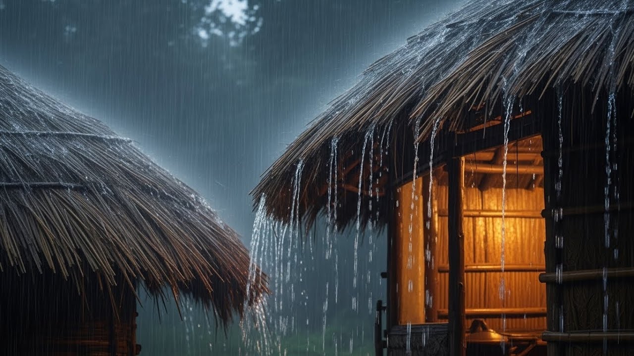 Relaxing Rain Sounds on Bamboo Huts | Night Rain ASMR for Sleep