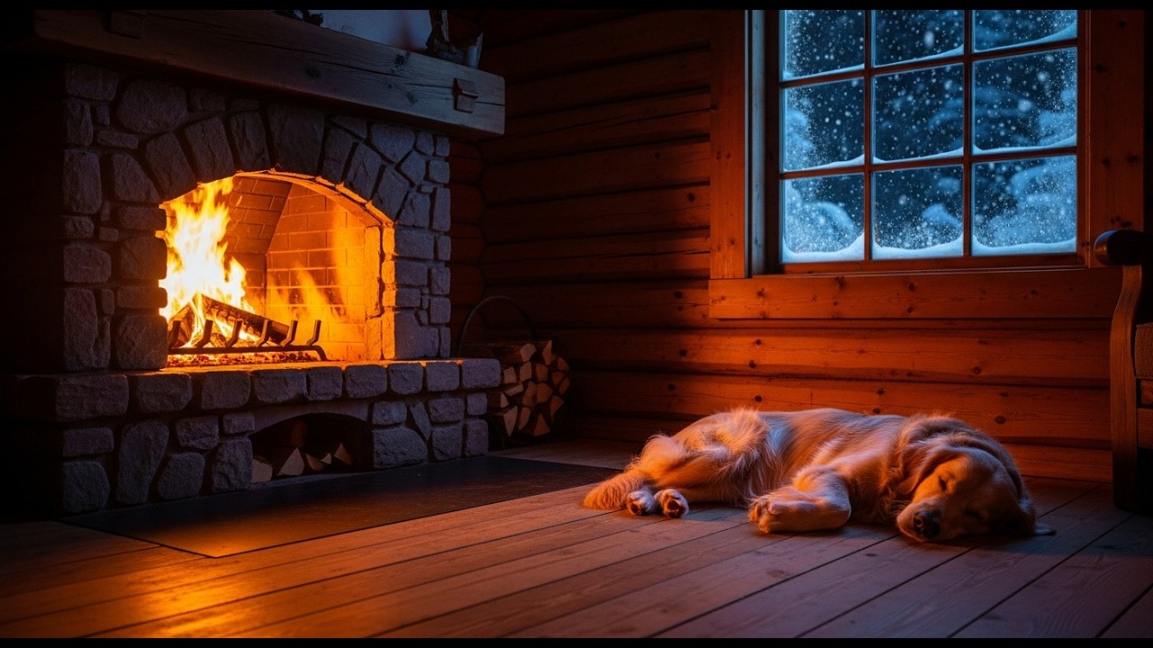 Cozy Winter Cabin Fireplace with Sleeping Dog 🔥🐶 | 1 Hour Relaxing ASMR Snow Ambience For Sleep