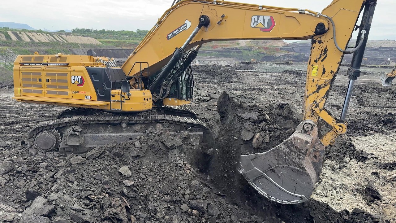 Cat 395 Excavator Loading Overburden On 4 Axle Mercedes & MAN Trucks - Sotiriadis Mining Works - 4k