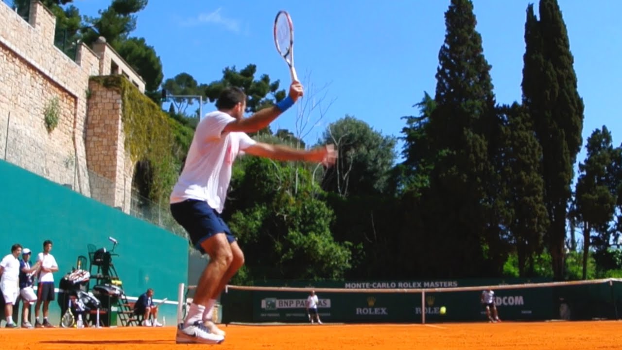 Del Potro vs Tipsarevic Practice Match Court Level View at Monte Carlo Masters ATP Tennis Training