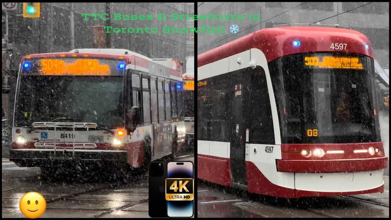 TTC Streetcars & Buses in First Snowfall of Toronto. ❄️ iPhone 14 Pro Max Video Camera. #canada