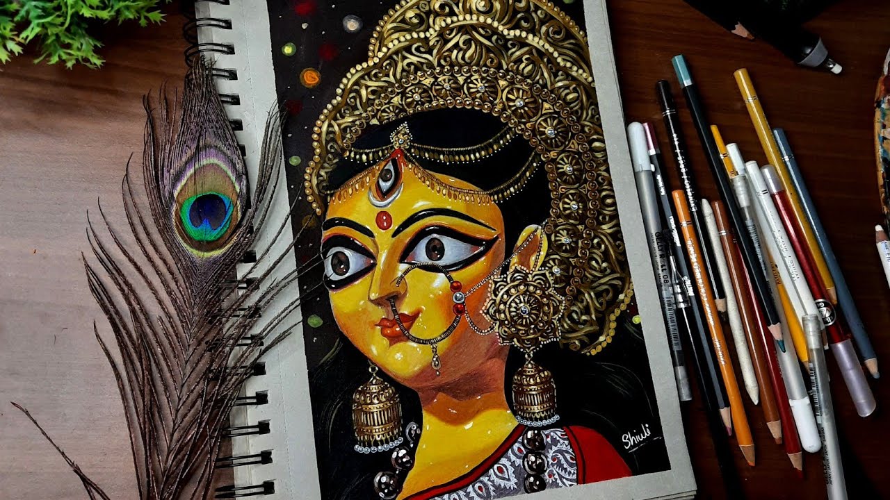 Realistic Durga MAA drawing/ colour pencils drawing 😍/ famous durga MAA drawing