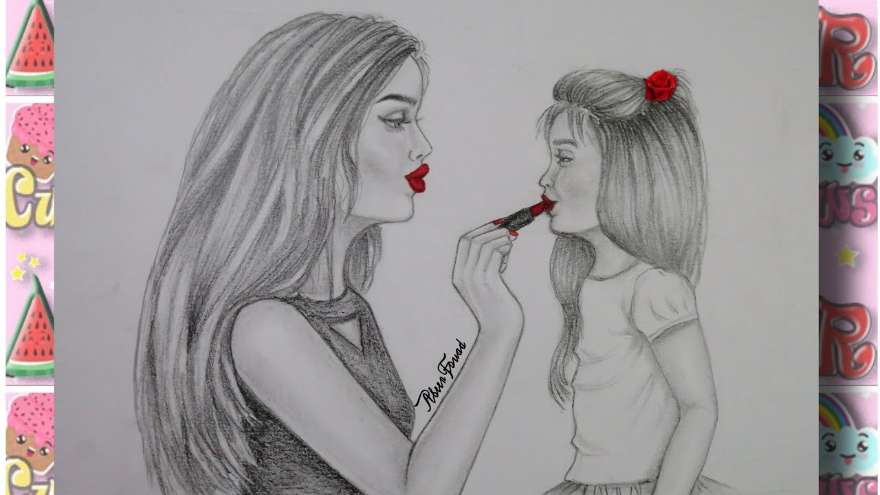 رسم سهل | رسم بنت وأمها في يوم عيد الأم | رسم بالقلم الرصاص خطوة بخطوة