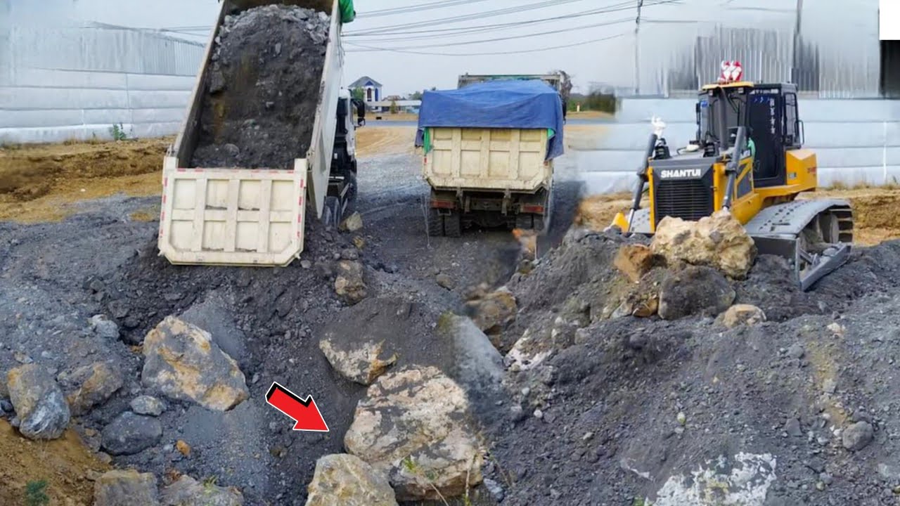 Full Project! Bulldozer SHANTUI Push Stone Into Water, Dump Truck 25Ton Unloading Stone Filling Lake