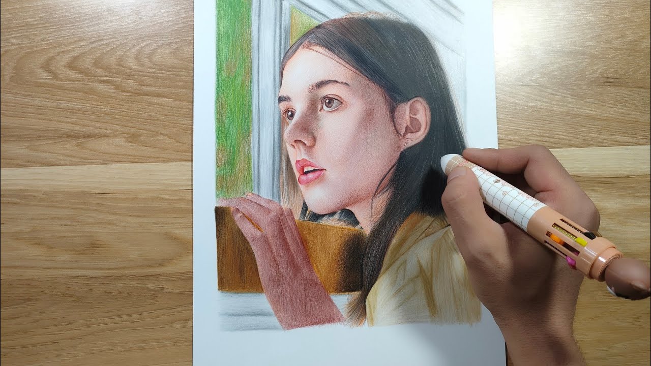 drawing process with 10 color ballpoint pen and colored pencil