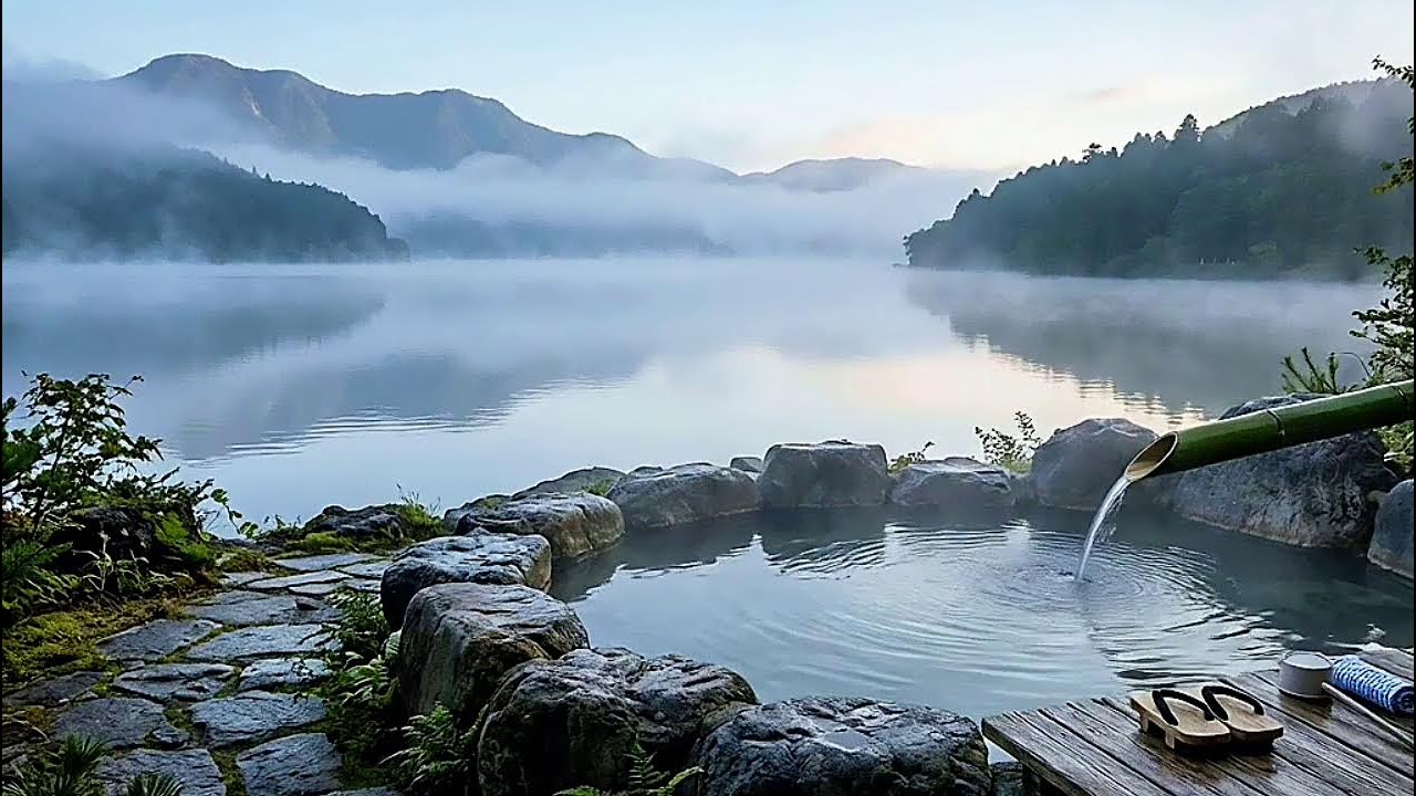 Peaceful Mountain Lake & Hot Spring Relaxation 🌿 Misty Morning Nature Sounds for Deep Sleep & Stress