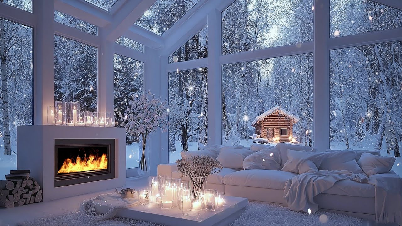 Relaxing Winter in White Room Vibes with Piano Music, Snowy & Fireplace | Deep Sleep, Focus & Stress